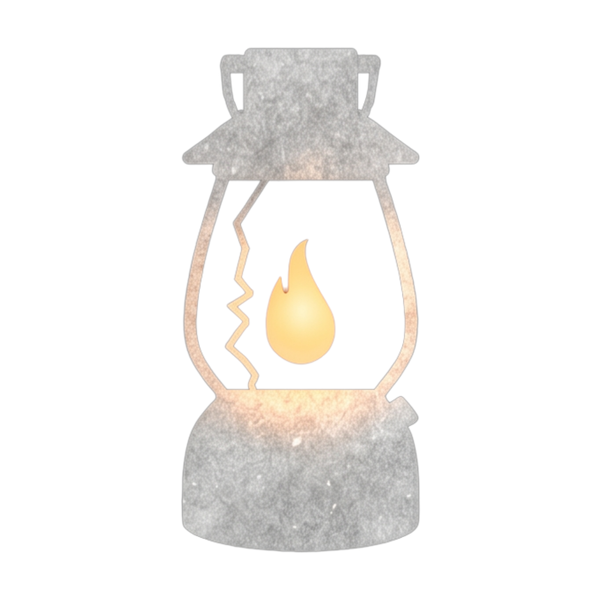 A weathered grey lantern with a cracked glass panel and a warm amber flame